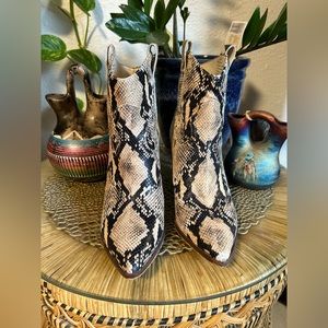 Snake skin cowgirl boot, low rise bootie, 2” wood heel